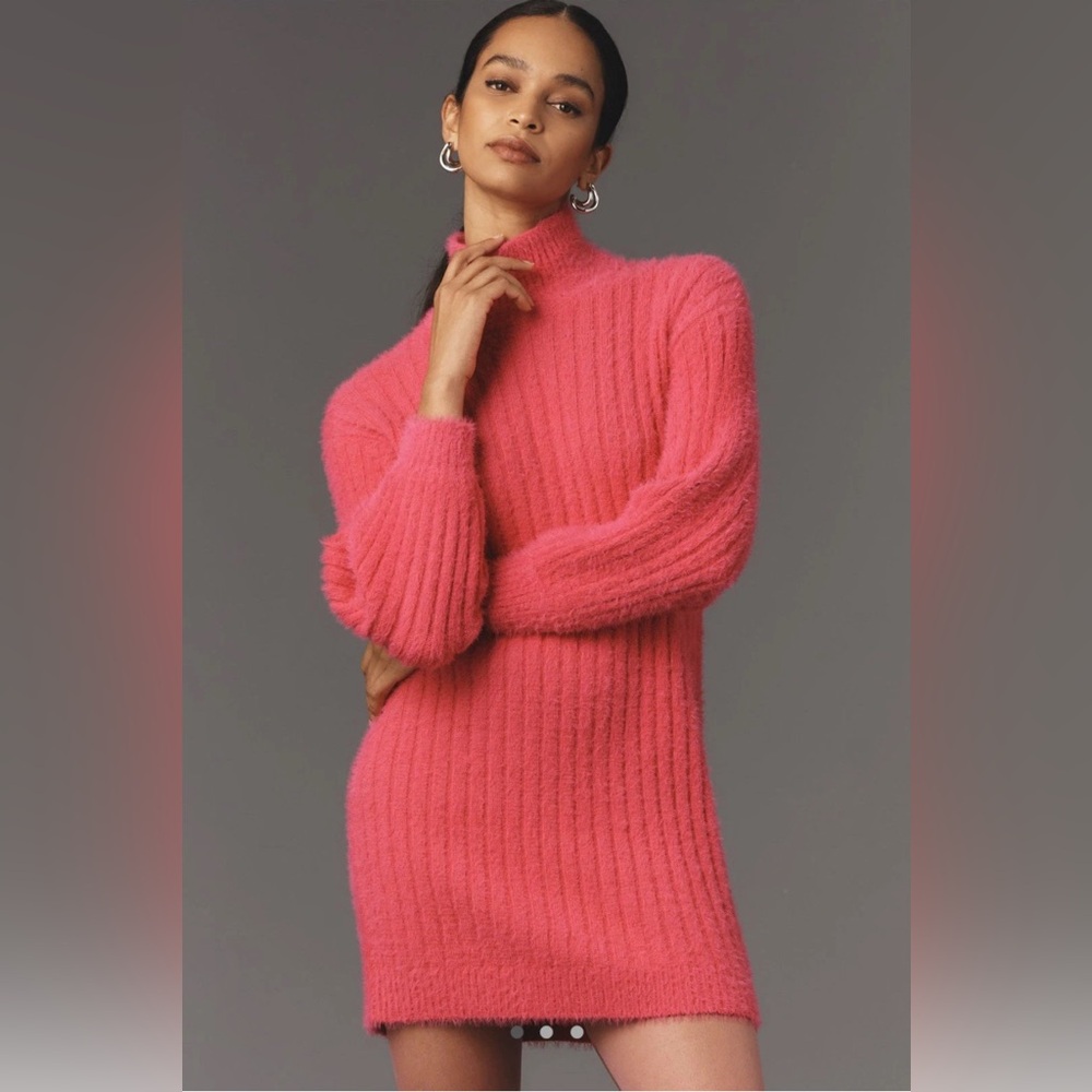 Anthropologie Flat White Ribbed Pink Turtleneck Sweater Dress NWT Size XS Rare